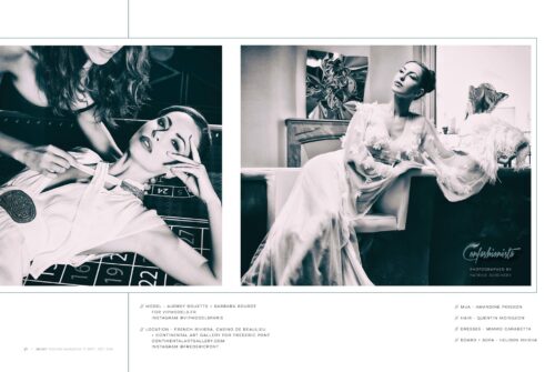 Mannequin en robe de soirée élégante, pose gracieuse et attitude sophistiquée, ambiance rétro en noir et blanc mettant en valeur la haute couture et l’esthétique raffinée.