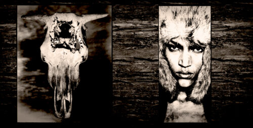 Mannequin posant avec une coiffe en fourrure, style avant-gardiste, palette monochrome, ambiance mystérieuse et artistique, inspiration tribale et mode alternative.