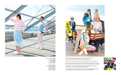 Des mannequins portent des tenues sportives décontractées aux couleurs pastel et vives, illustrant une mode urbaine contemporaine adaptée à un environnement dynamique et moderne.