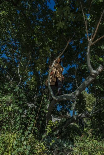 Mannequin portant une veste à motifs automnaux, posé de façon artistique sur une branche d’arbre, mettant en valeur une mode inspirée par la nature.