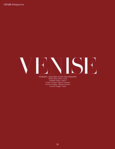Affiche minimaliste rouge avec le mot "VENISE" en lettres blanches élégantes, évoquant une ambiance sophistiquée et intemporelle, style inspiré par la haute couture parisienne.