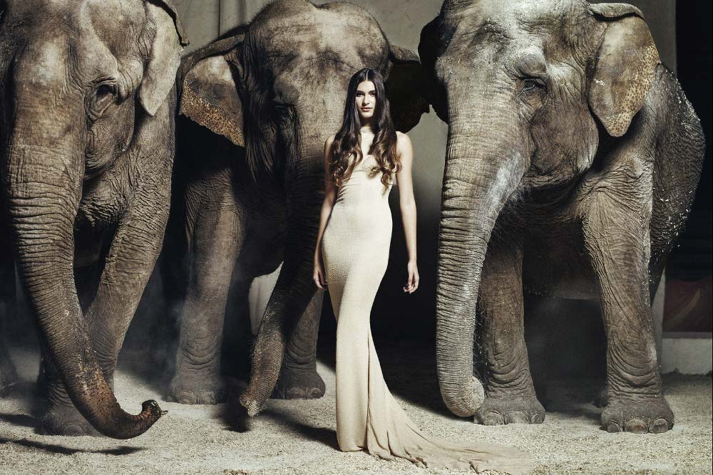 Mannequin portant une robe longue moulante couleur crème, posant élégamment entre deux éléphants, mettant en valeur l’harmonie entre mode sophistiquée et nature sauvage.