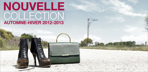 Chaussure à talon tendance et sac à main élégant posés sur une route, illustrant l’esprit de la collection automne-hiver 2012-2013 pour mannequins sophistiqués.