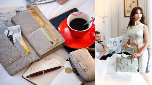 Des accessoires en cuir élégants, une tasse de café, et un mannequin en peignoir lisant un journal, créent une atmosphère sophistiquée et moderne d'inspiration lifestyle.